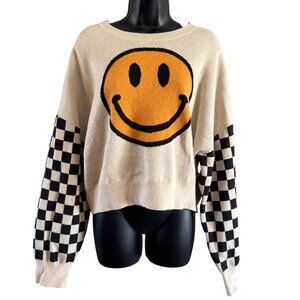 Originality Smiley Face Sweater XL Y2K Retro Checker Sleeves Beige Knit Pullover